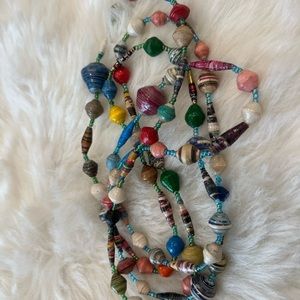 African Hand Rolled Hand Painted Bead Necklace 68” Boho Summer Folk Style